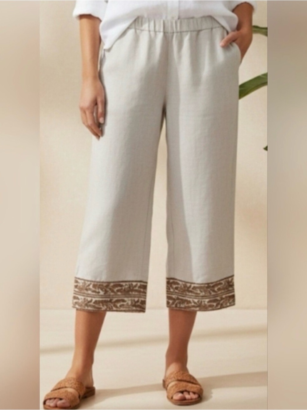J.Jill Linen Beige Wide-Leg Cropped Pants with Embroidered Hem S/Petite